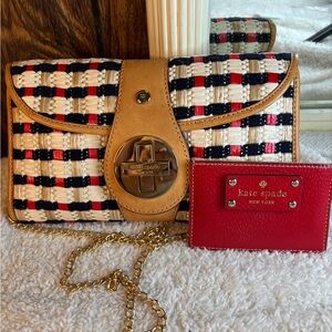 Set of 2 Kate Spade Tan and Red Clutch plus ID Card Wallet Red/Tan Gold Chain